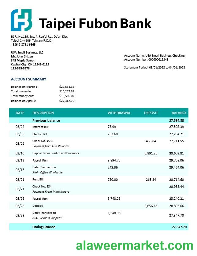 Taipai Fubon Bank corporate checking account statement Word and PDF template